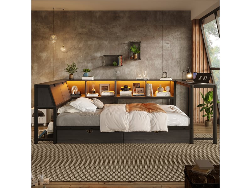 Lit enfant 90x200 cm avec bureau intégré, rangement avec tiroirs et tête de lit, éclairage led, structure métal, noir - Conforama B