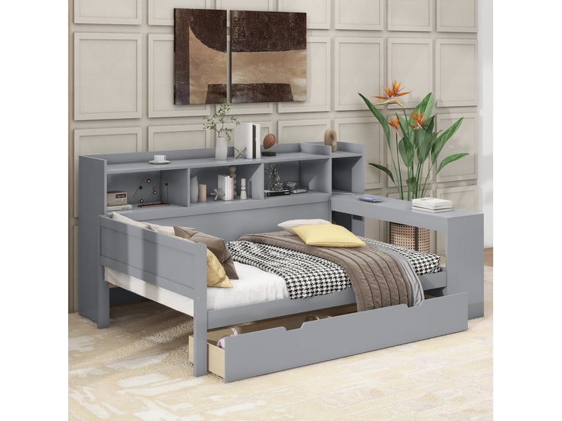  Lit combiné 90 x 200 cm avec bureau, 2 tiroirs, prises usb et rangements, gris  - Conforama D