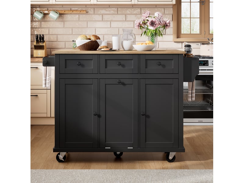  Îlot de cuisine mobile extensible 112x46,2-76,2x92,7 cm roulettes, portes, tiroirs, compartiment poubelle, en mdf, noir+naturel  - Conforama B