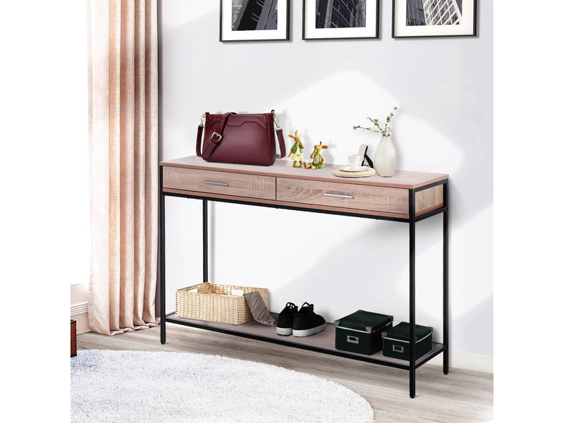  Console d'entrée avec tiroirs et structure en acier pour couloir, 120 x 30 x 81,5 cm, chêne  - Conforama D