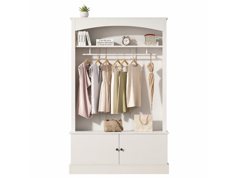 Meuble d’entrée blanc avec banc à chaussures, penderie, rangements réglables, 120 x 40 x 190 cm, blanc  - Conforama A