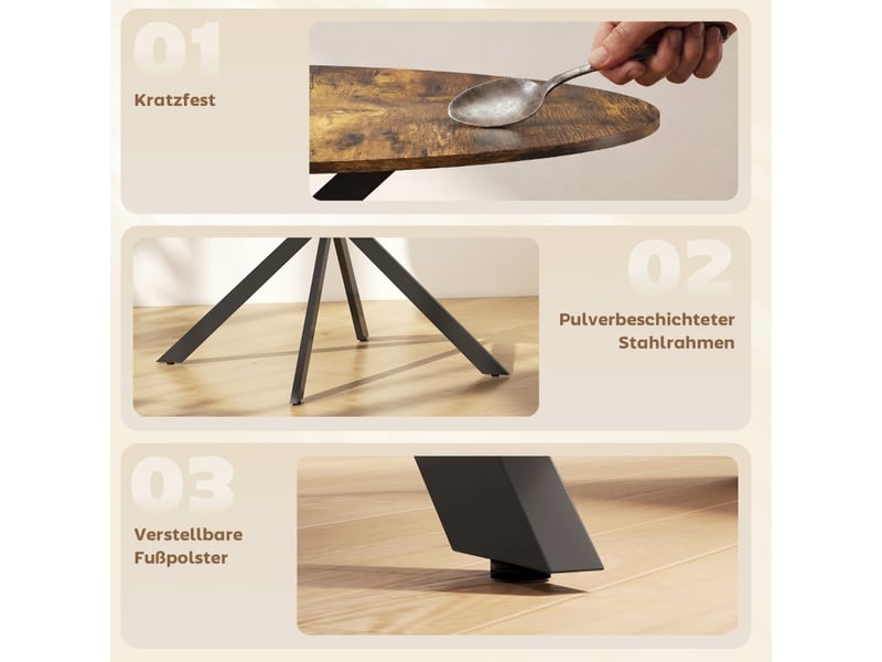  Table de salle à manger ronde 4 personnes avec pieds x réglables, style industriel marron en bois 100 × 75 cm  - Conforama E
