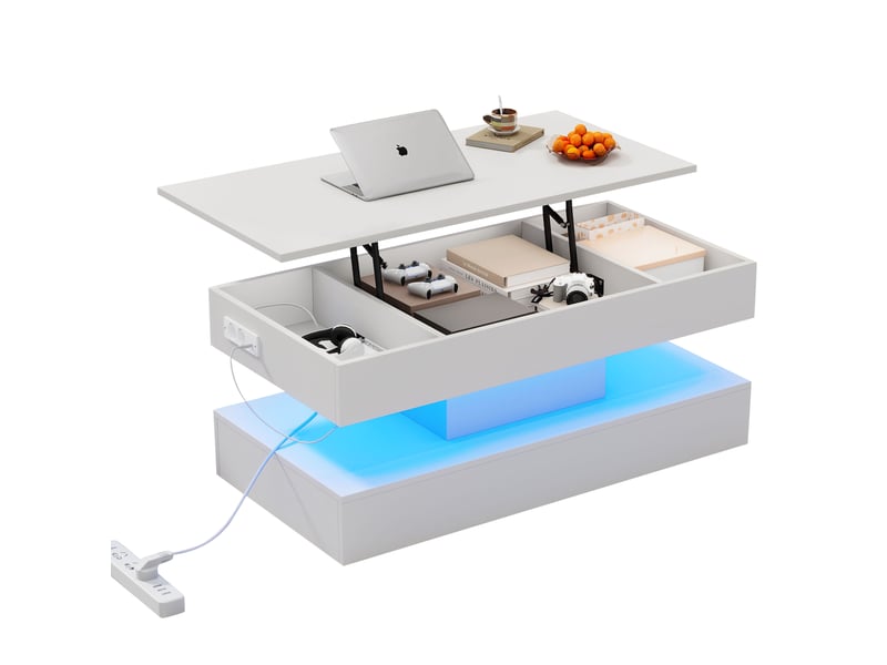  Table basse relevable rectangulaire en panneaux de particules avec lumière led,rangement caché et prises européennes intégrées,blanc table basse blanc - Conforama A