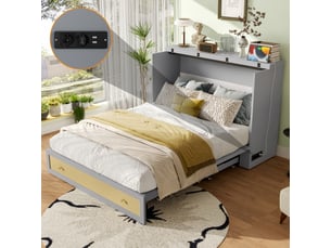 Lit double 140x200 cm gris avec tiroirs de rangement, tête de lit étagère et prises usb