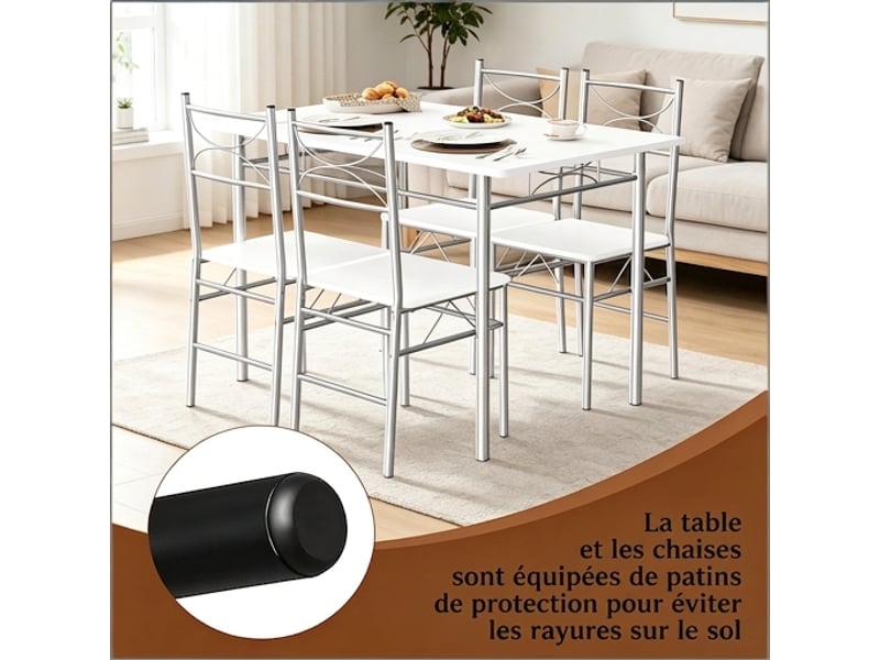 Ensemble table et 4 chaises moderne 110x70x76 cm, mdf et métal blanc et argent  - Conforama D