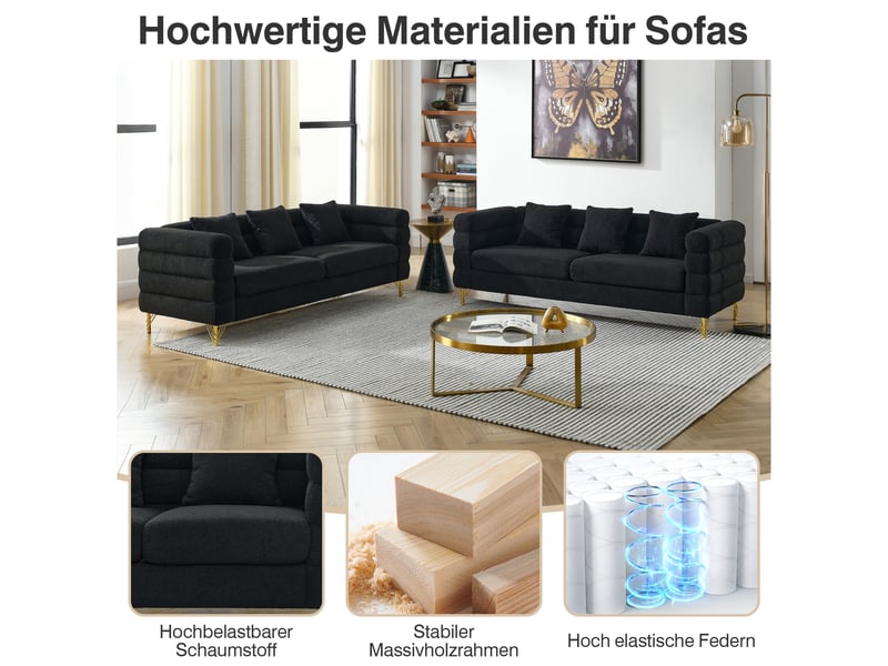 Canapé nuage noir en tissu bouclette, 205,7 x 81 x 71 cm, pieds en métal doré, coussins décoratifs, dossier ondulé - Conforama D