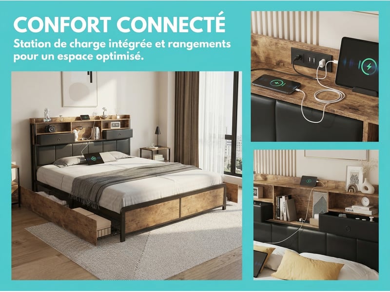 Lit 2 places 140x200 cm - led et usb - avec rangement et 4 paniers - métal et bois - noir - Conforama D