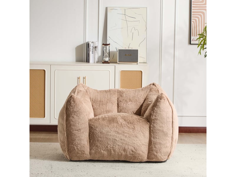  Fauteuil avec pouf repose-pieds, assise en mousse et structure sans cadre pour salon, en fourrure synthétique kaki  - Conforama C