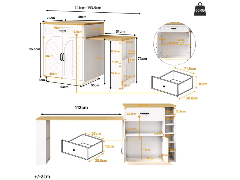  Îlot de cuisine 80 x 70 x 95,5 cm – blanc – plan de travail extensible et rangement intégré  - Conforama C