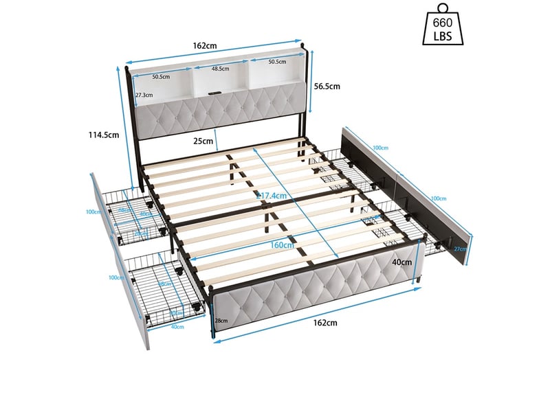  Lit 160x200cm - lit double 160x200cm - lit avec tête de lit de rangement led, station de charge et 4 tiroirs - beige  - Conforama E