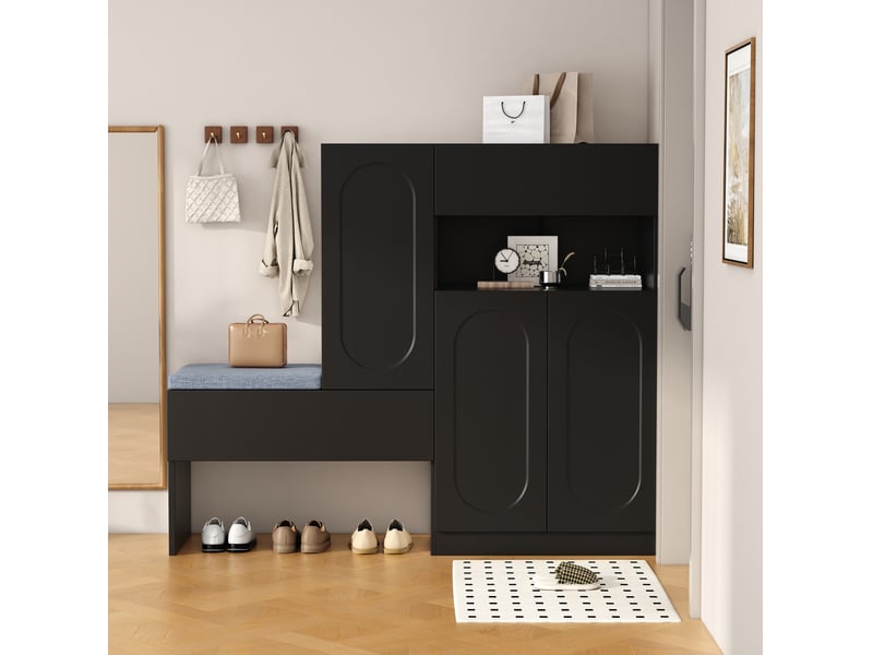 Meuble à chaussures 130x35x110 cm avec banquette et portes à fermeture douce, noir - Conforama B
