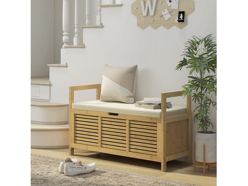  Banc à chaussures 100 x 40 x 60 cm avec couvercle relevable et étagère, bambou naturel, rangement pour entrée  - Conforama B