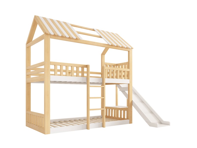  Lit superposé enfant 90x200 cm – blanc et naturel – toit pignon, toboggan 35 cm et étagère – sans matelas  - Conforama D