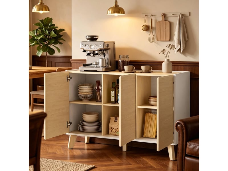 Buffet de cuisine 120x35x73,5 cm, style nordique, 3 portes, 6 compartiments, mdf naturel et blanc, meuble de rangement - Conforama B