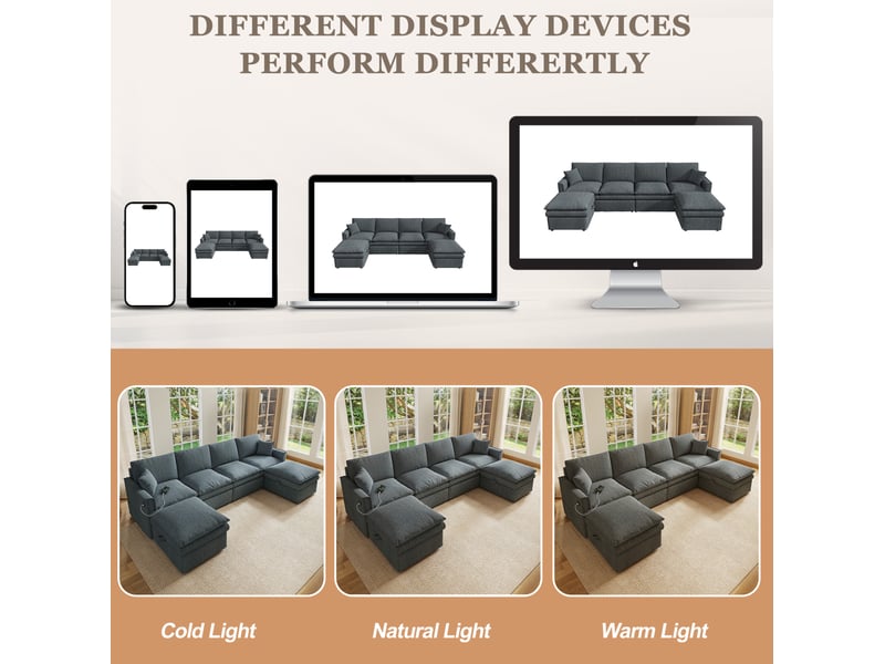  Canapé panoramique modulable 6 places avec rangements et ports usb type c, en coton-lin gris, 277 × 135 × 80 cm  - Conforama E