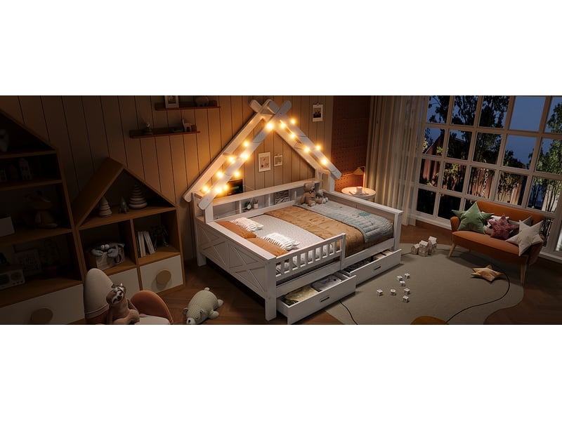  Lit plateforme enfant forme maison 140x200 cm blanc mdf pin et contreplaqué avec éclairage led rangements tiroirs et barrière de protection Sol Morn - Conforama E