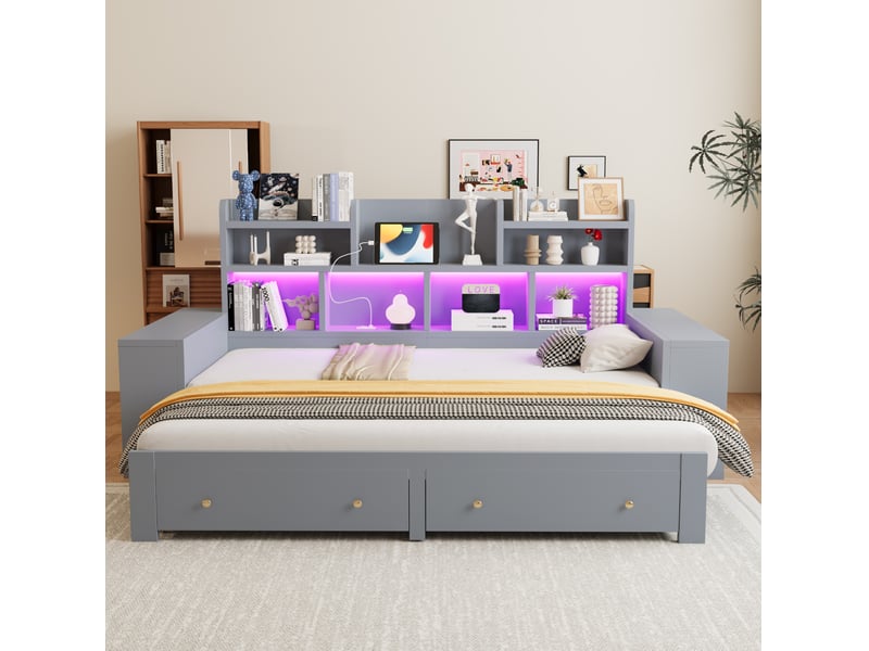  Lit enfant 90x200 cm extensible 180 cm, lit multifonctionnel avec rangement et led, bois gris, sans matelas  - Conforama B