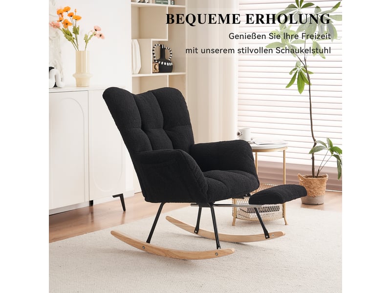  Rocking-chair en tissu teddy avec repose-pieds pliable, dossier haut ergonomique et accoudoirs, noir, 70 × 98 × 98,5 cm  - Conforama E