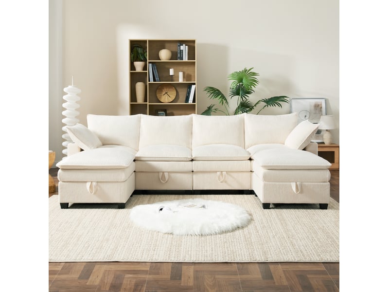  Canapé modulaire 6 places en velours côtelé beige avec 2 poufs amovibles  - Conforama D