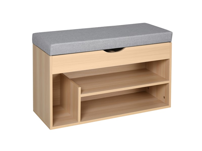  Meuble chaussures banc à chaussures 2 niveaux rangement, niche + coffre intégré avec coussin beige gris  - Conforama B