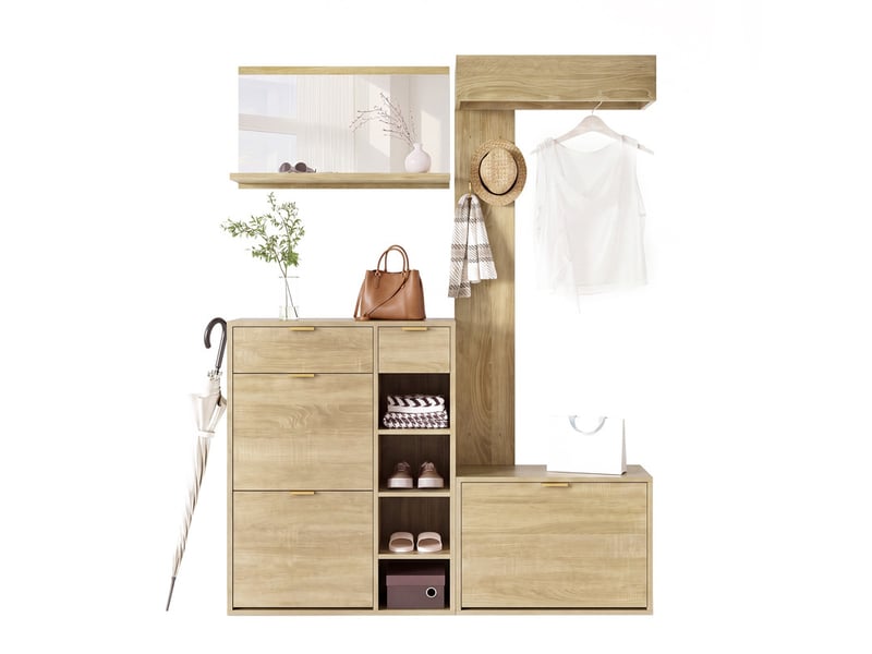  Meuble à chaussures, ensemble d’entrée 4 pièces avec armoire à chaussures, banc, miroir mural et panneau vestiaire, 130 x 30 x 174 cm, naturel  - Conforama A