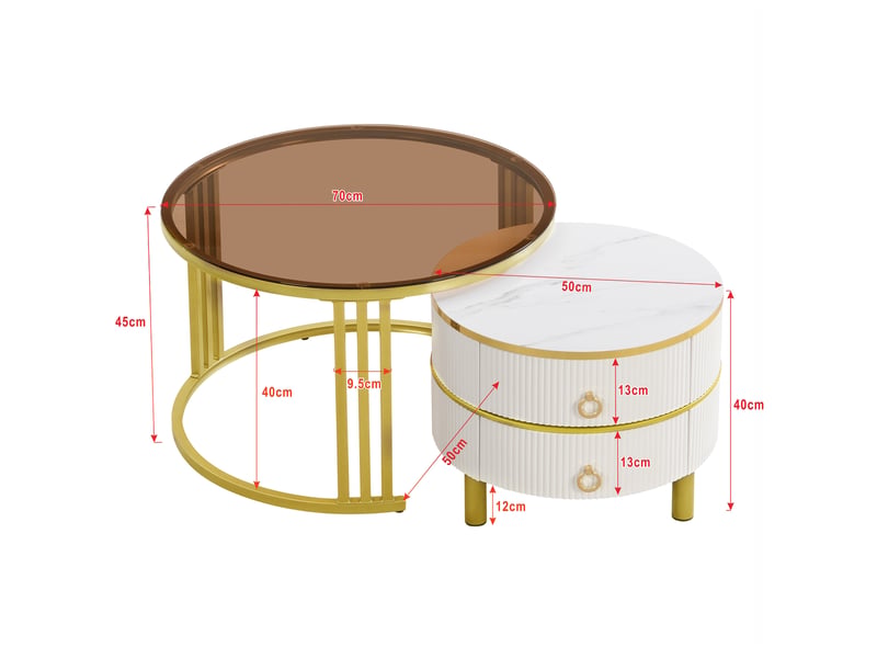  Table basse ronde 2 en 1 en mdf, table d'appoint avec un plateau blanc et un plateau en verre trempé brun, table basse combinée avec 2 tiroirs pour le salon, 70 x 70 x 45 + 50 x 50 x 40 cm  - Conforama C