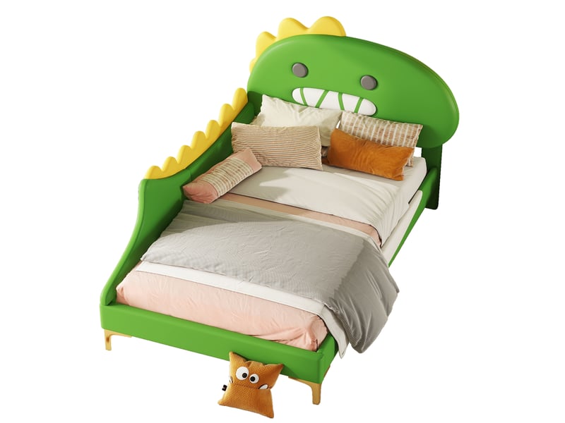  Lit enfant 90x200 cm dinosaure cartoon en pu et panneau mdf vert  - Conforama A