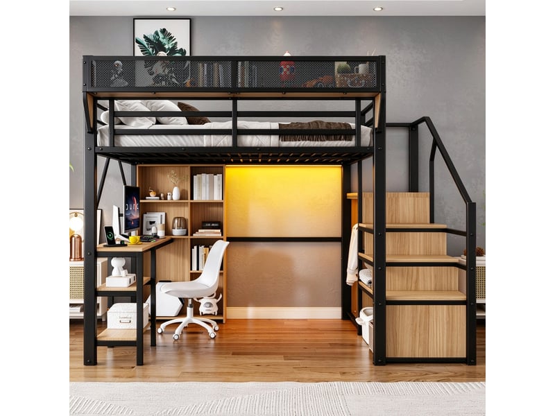 Lit mezzanine 140x200 cm – avec escalier de rangement – avec bureau – avec éclairage led – avec prise électrique – noir (matelas non inclus) - Conforama B