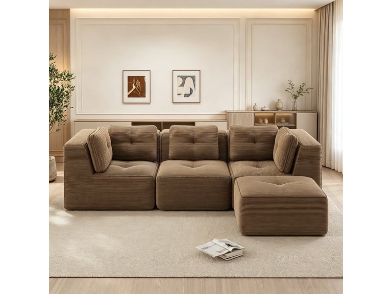  Canapé modulable en l 3 places avec ottomane, velours côtelé confortable, sans montage, 69 × 297 × 177 cm, marron  - Conforama D