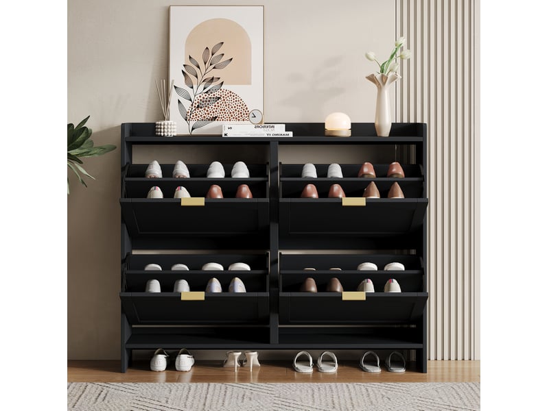  Meuble à chaussures 110x24x90 cm, incurvé, 4 abattants et tablettes réglables, pour entrée, panneau de particules, noir  - Conforama D