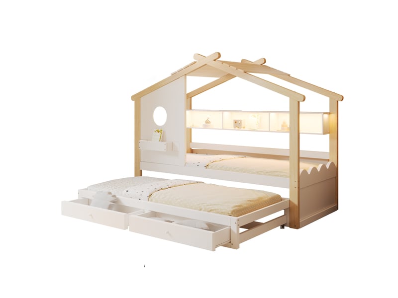 Lit enfant maison 90x200cm lit gigogne 90x190cm, 2 tiroirs, led, charge, style moderne, bois, blanc+naturel sans matelas  - Conforama A