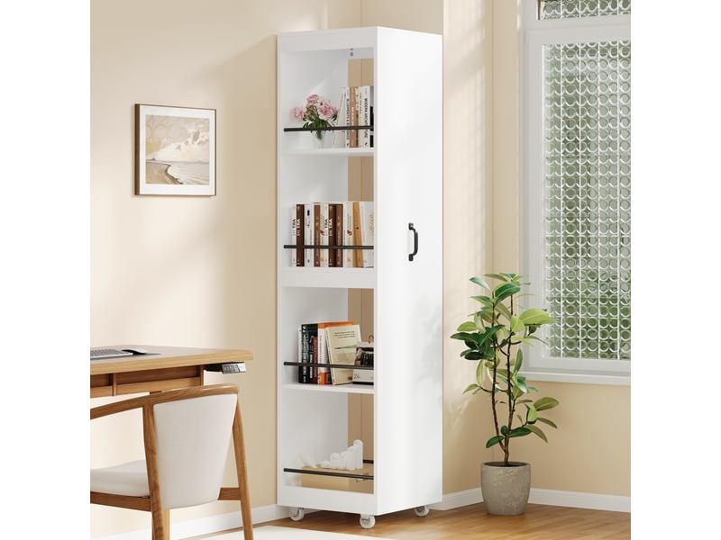  Bibliothèque étroite - 40x30x160.5cm - meuble de rangement sur roulettes avec barres anti-chute, 4 niveaux - blanc  - Conforama C