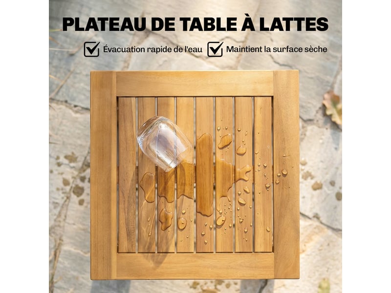  Table basse de jardin carrée en bois d'acacia massif, avec plateau à lattes, pieds réglables, naturel, 48x48x46cm  - Conforama E