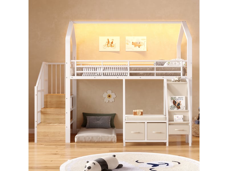 Lit mezzanine étagères 90x200 cm en métal avec en tissu, tiroirs, escalier avec rangement et bande led - blanc Morn Vibe - Conforama D