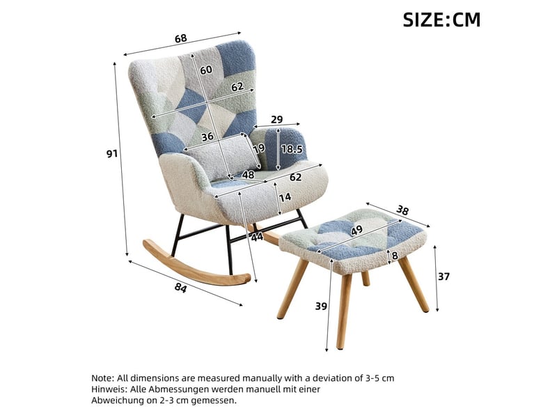 Fauteuil à bascule relax - 122x68x91 cm - avec repose-pieds pied-de-poule tissu pieds bois et métal - beige et bleu  - Conforama E