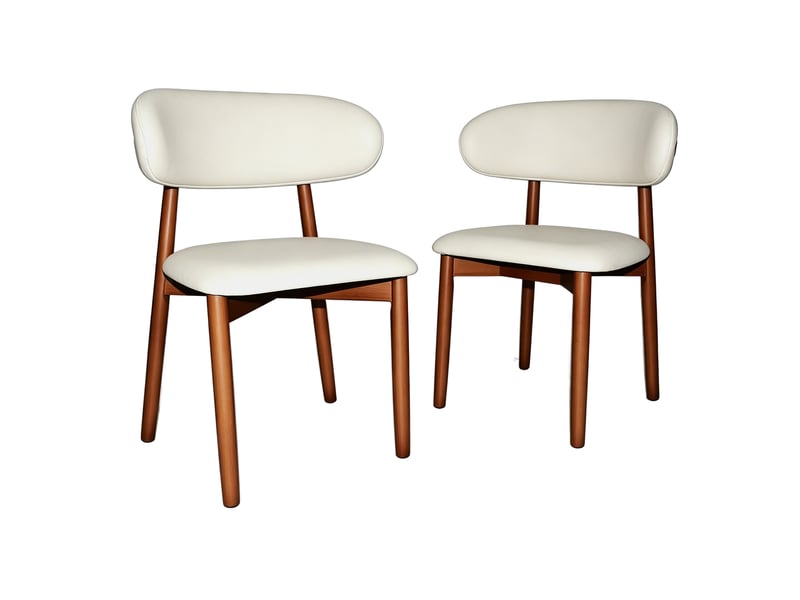  Lot de 2 chaises de salle à manger avec dossier incurvé et assise rembourrée, bois de chêne finition noyer, blanc  - Conforama A