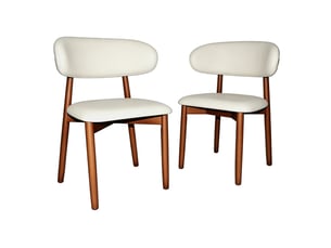 Lot de 2 chaises de salle à manger avec dossier incurvé et assise rembourrée, bois de chêne finition noyer, blanc