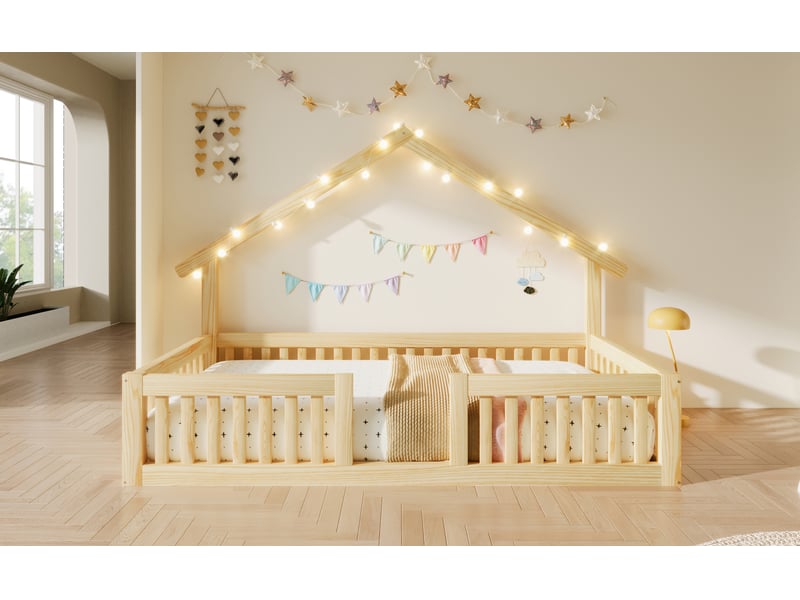  Lit enfant,90x200 cm,avec toit, led, barrière, bois,naturel  - Conforama B