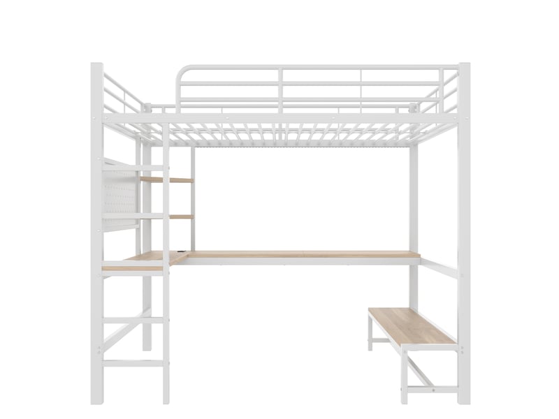 Lit mezzanine avec bureau, led, usb type-c et rangements, métal blanc, 90x200 cm, sans matelas - Conforama A