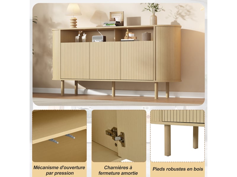  Buffet 160 cm meuble de rangement 3 portes avec étagères ouvertes - pieds en bois massif 75kg  - Conforama W