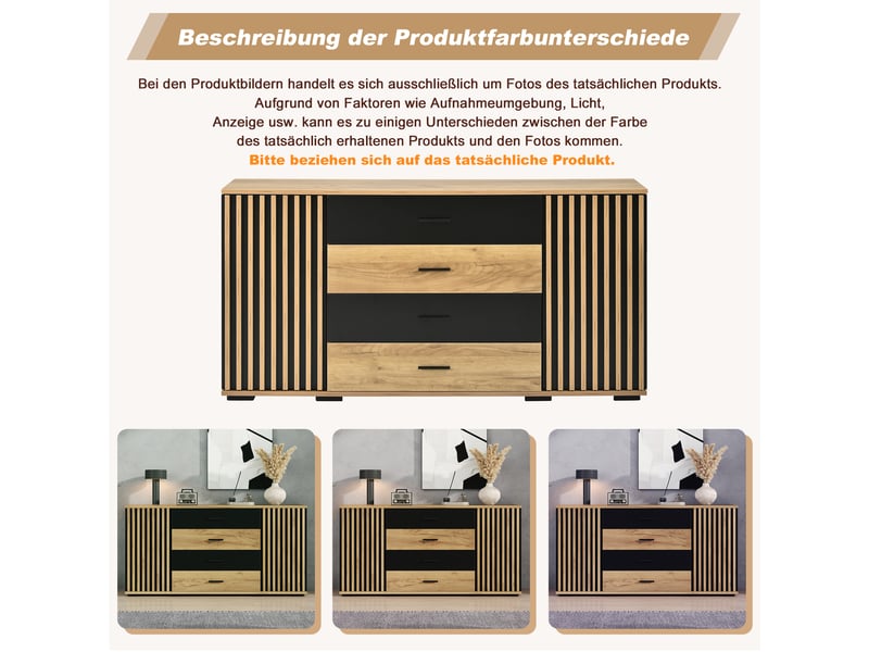  Buffet noir 140 × 35 × 70 cm, en mdf, avec 2 portes, 4 tiroirs, étagères réglables et façades texturées  - Conforama C