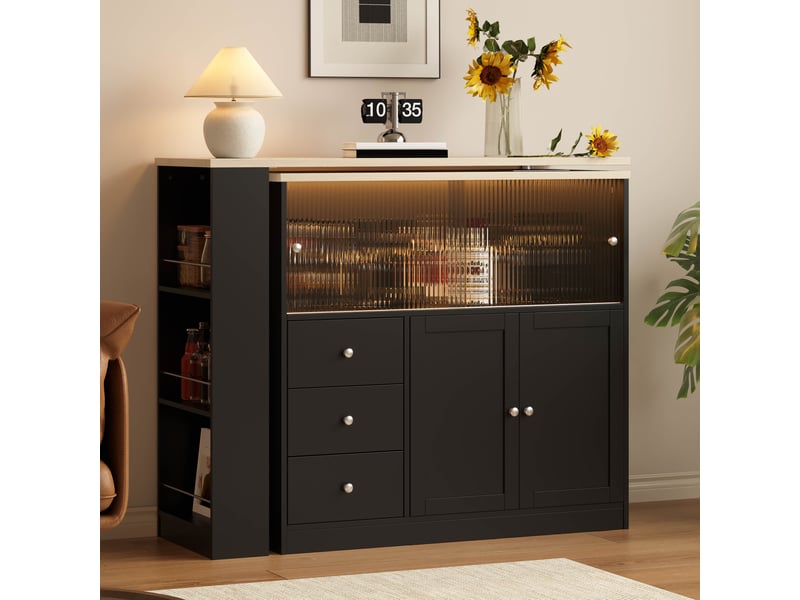 Îlot de cuisine table bar 172x40x96 cm - table pivotante à 360° - porte coulissante vitrée - tiroir et étagères latérales - mdf - noir CozyNest - Conforama E