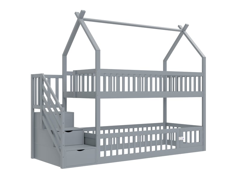  Lit superposé enfant 90x200 cm – gris – escalier sécurisé, tiroirs de rangement pratiques et toit cabane - sans matelas  - Conforama D