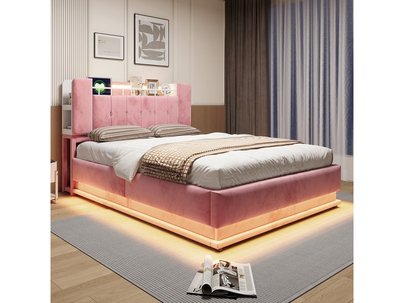  Lit capitonné intelligent 140 x 200 cm rose avec led, usb, coffre hydraulique et tissu velours pour chambre  - Conforama C
