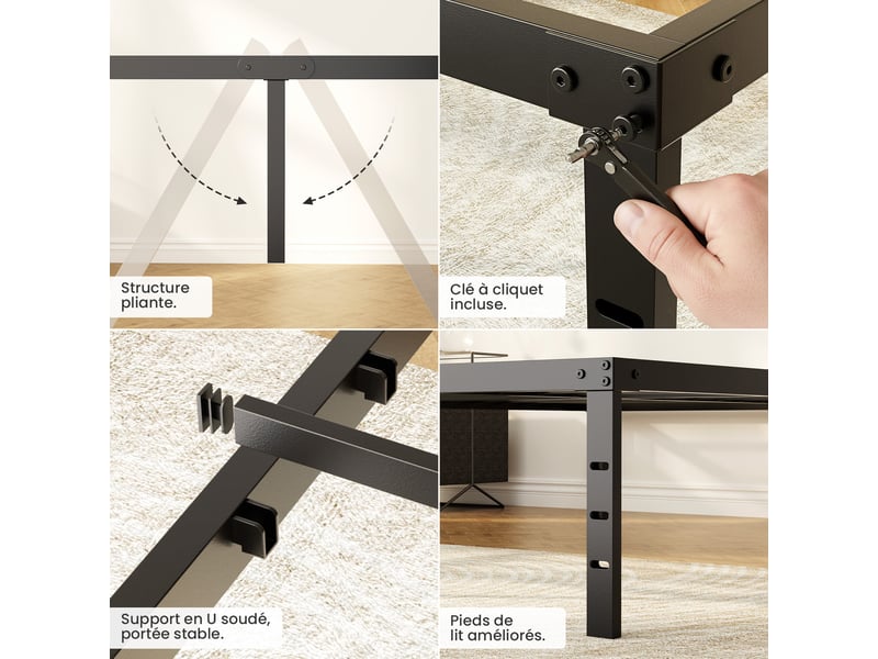  Lit double 140x200 cm, cadre de lit métallique robuste, design minimaliste, antidérapant et silencieux, résistant à la rouille, durable, charge maximale 500 kg, noir  - Conforama D