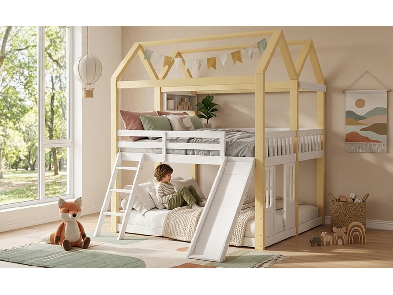 Lit mezzanine enfant simple 90×200 cm, toboggan et échelle - okmyhome- blanc et bois naturel, sans matelas - Conforama E