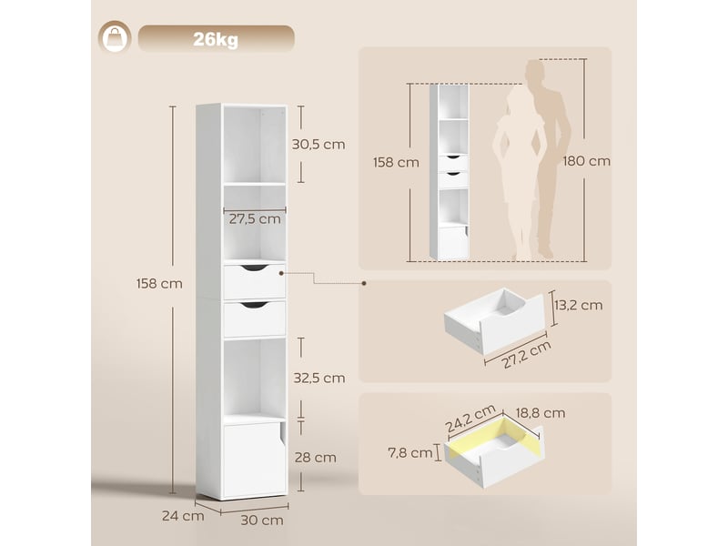  Bibliothèque étroite 2 tiroirs avec étagères et placard blanc 30 x 24 x 158 cm  - Conforama C