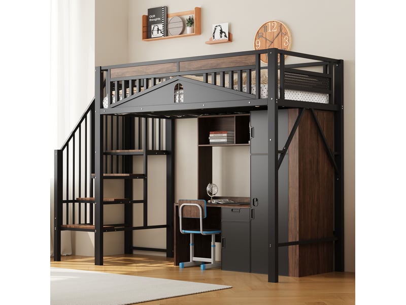  Lit mezzanine 90x200 cm échelle sécurisée et rangements en métal et bois noir  - Conforama D