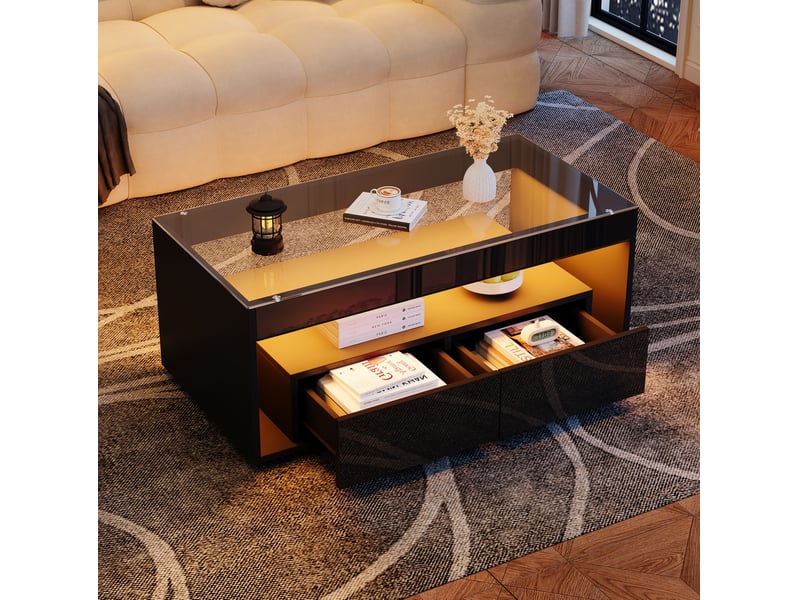  Table basse led avec 2 tiroirs et niche ouverte, en verre trempé et panneau de particules, noir, 100 × 50 × 40 cm  - Conforama C
