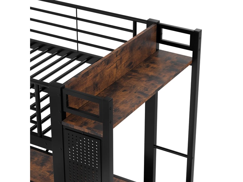  Lit mezzanine 90 x 200 cm bureau 4 tiroirs penderie panneau perforé led prise usb-c échelle métal mdf noir sans matelas  - Conforama E